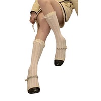 Chaussettes mi-mollet pour femme, style ballet, antidérapantes, à volants, en maille fine, en tissu mélangé, avec nœuds et dentelle, collection Printemps