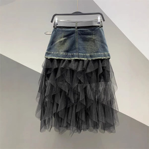 2026 New Fashionable Mesh Splicing Nail Bead Cowboy <b>Long</b> <b>Skirt</b> Versatile and Slimming A-line Half Body <b>Skirt</b> - Product Image 2