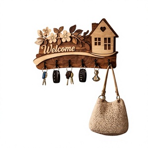 Perchero de pared de madera con diseño floral para recibidor, organizador de llaves y abrigos - Product Image 1
