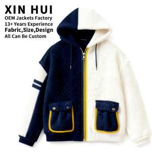 Sudadera con capucha de forro polar Sherpa personalizada para hombre y mujer, larga, de invierno, con bloques de color, diseño de patchwork en contraste, gruesa, cálida, con cremallera, estilo Teddy Streetwear - Product Image 1