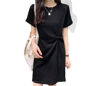 Vestido Mini de Algodón Negro con Cuello Redondo y Manga Corta, Corte Holgado, Color Sólido, Casual, de Verano, con Detalle de Nudo - Product Image 1