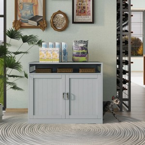 2ドア、屋内猫用洗面所収納ベンチサイドテーブルキャットハウス、大型木製のエンクリズドリターボックスハウス、グレー - Product Image 6