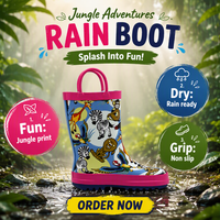 Chaussures imperméables pour enfants à imprimé animal de dessin animé, bottes de pluie antidérapantes en caoutchouc avec poignées pour les tout-petits, garçons et filles, école