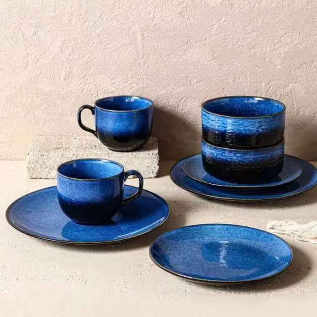 Nordic Style Blue Reactive Glazed Ceramic Dinnerware Set Dinner Plates Bowls Cups for Home Hotel & Restaurant