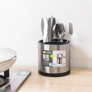 Stainless Steel Round Cutlery Holder With Compartment Kitchen Organizer Spatula Storage Bucket For Utensils - Product Image 3