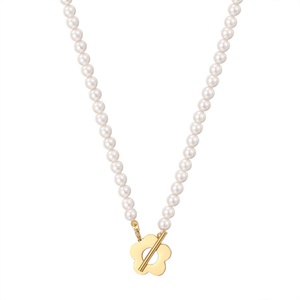 Collier en acier inoxydable plaqué or 18 carats avec fermoir OT tendance, motif fleur et perles - Product Image 4