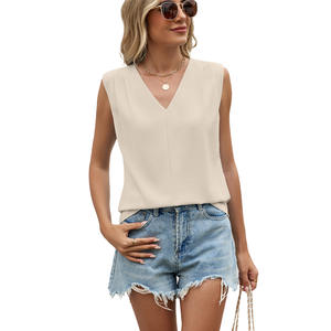 Camiseta de Verano para Mujer, Nueva Moda, Estilo Elegante, Color Sólido, Microelástica, Cuello en V, Corte Holgado, Sin Mangas, Transpirable - Product Image 5