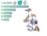 Tour d'escalade pour chat en bois gris clair moderne avec panneau à gratter en sisal, grande maison de jeu pour chat