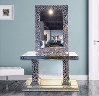 Console Miroir de Luxe en Demi-Lune, Table d'Entrée Classique avec Miroir Mural Rond pour Maison et Hôtel