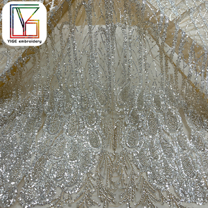 Nouveau Design Tissu de Dentelle Mariée en Tulle Perlée et Pailletée Lourd Luxe Africain Faite à la Main en Perles sur Maille pour Robes Femme - Product Image 3