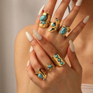 Geometric Natural Stone Stainless Steel <b>Ring</b> For Women Adjustable Opening Gemstone <b>Titanium</b> Steel Jewelry Gift - Product Image 3