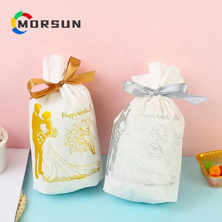 MorSun 50 Pcs गोल्डन मुद्रण शादी की पार्टी एहसान बैग प्लास्टिक Drawstring उपहार लपेटकर बैग