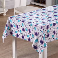 Nappe en vinyle RNPT avec impression laser d'étoiles et de fleurs bleues et violettes, support en PVC blanc et tissu pour tables à manger