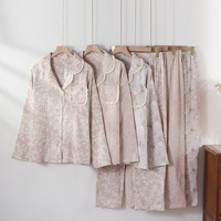 Pyjama en pur coton respirant pour femme, ensemble cardigan à manches longues et pantalon long en gaze florale, style pastoral, pour la maison, printemps-automne