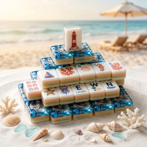 Ensemble de Mahjong Authentique Blue Ocean, 4 couches, sur mesure, gravé, en acrylique, 160 tuiles de Mahjong américaines de style côtier pour Yacht, Maison de Plage, Fête - Product Image 1