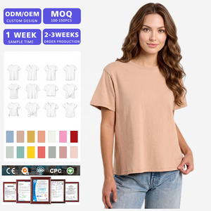 เสื้อยืดคอกลมผู้หญิง แขนสั้นทรงหลวม สีพื้น ผ้าฝ้ายนุ่ม ระบายอากาศดี เหมาะสำหรับใส่ทุกวัน สไตล์ลำลอง ได้รับมาตรฐาน BSCI รับผลิตแบบ OEM - Product Image 1
