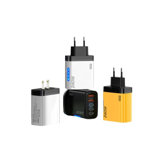 240W GaN 3PD Dual USB-C/USB-A Multi-Port Fast Charging Lighted Charger with 5V/2.4A Output for Mobile Phones (EU)