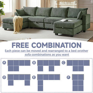 Modern Corduroy Convertible <b>U</b>-Shaped Modular Sofa Bed Set with Chaise and Six Modules Memory Foam Filled Wood Legs - Product Image 5