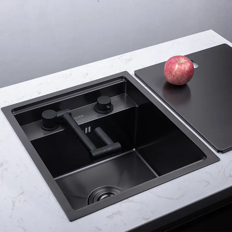 Fregadero de cocina hecho a mano, nanómetro negro de acero inoxidable 304, cubierta oculta de tamaño único y pequeño
