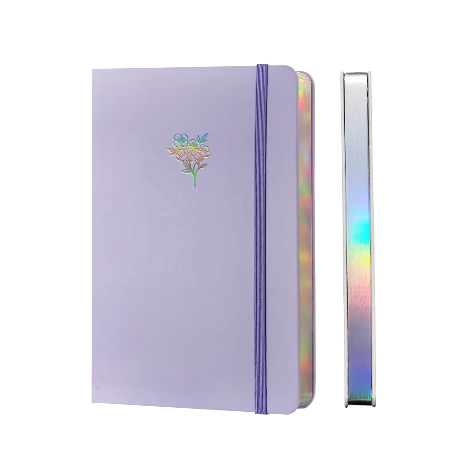 Custom Logo Fancy A5 Zachte Faux Lederen Cover Lila Paars Bloem Sublimatie Papier Notebook Met Holo Rand