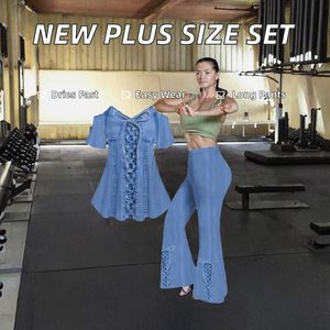 Conjunto de 2 Piezas Personalizable para Mujer Talla Grande, Estilo Casual, Cuello en V, Aspecto Vaquero, Top Halter de Manga Corta, Pantalones Largos, Color Sólido, Otoño, Secado Rápido - Product Image 2
