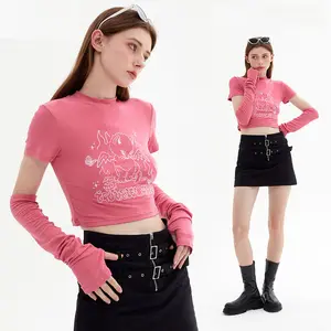 Wholesale high quality custom embroidery pattern Y2K new styles long 2-part sleeve cotton crop top women's t-shirts
