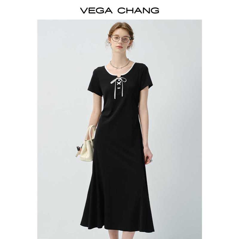 VEGA CHANG весна-лето черное французское платье с бантом на шнуровке дышащее платье