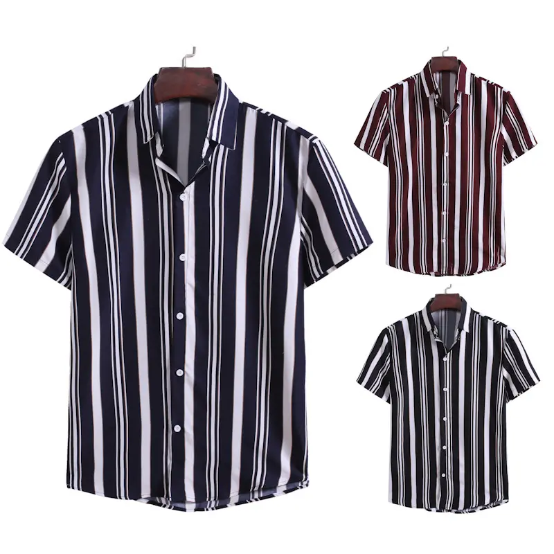 2023 Summer New wise Foreign Trade Men's Casual Vertical Stripe Short Sleeve Shirt European Fashion Collar Shirt Men