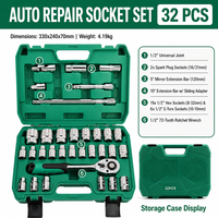 Set Soket Perbaikan Mobil 1/2 inci 32 Pcs, Kunci Ratchet 24 Gigi, Soket Metrik, Batang Ekstensi, Kotak Penyimpanan