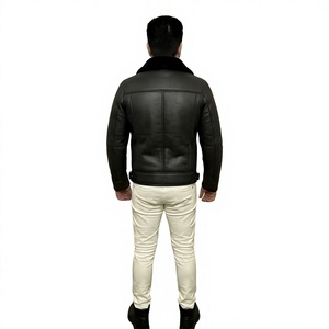 Black Leather Jacket With Black Fur Collar Winter Shearling B3 <b>Coat</b> Genuine Sheepskin Warm Fleece <b>Lined</b> Biker Jacket - Product Image 4