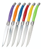 Ensemble de couteaux à steak en acier inoxydable avec manche en plastique de couleur arc-en-ciel, 6 pièces, écologiques, lavables au lave-vaisselle, style Laguiole, couverts de table