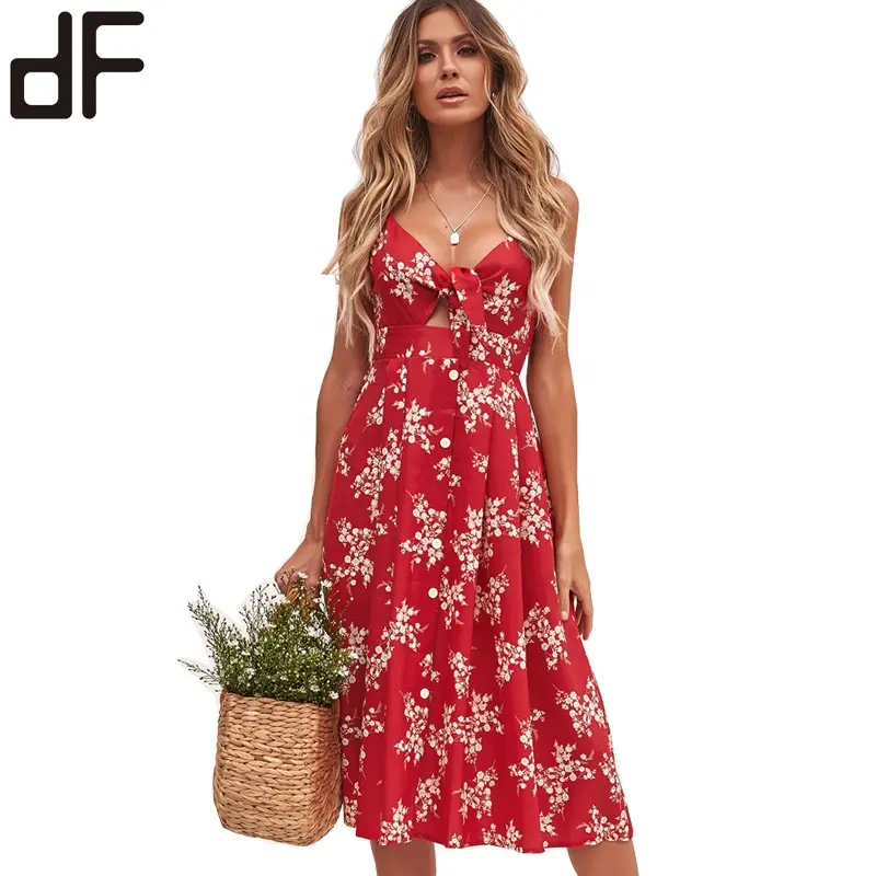 wholesale women summer boho style fashion sexy backless spaghetti strap button up casual long floral maxi dress