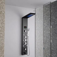 Colonne de douche murale en acier inoxydable noir avec cascade, jets de massage corporel et panneaux de douche