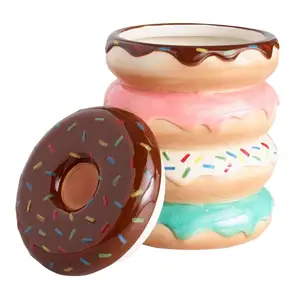 陶瓷蛋糕罐甜甜圈饼干糖果罐盖-五颜六色，明亮的甜甜圈与洒在设计-糖果,巧克力，Candi