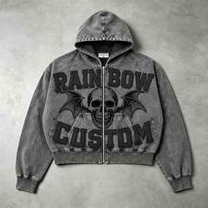<span class=keywords><strong>Felpa</strong></span> <span class=keywords><strong>con</strong></span> Zip Vintage Effetto Acid Wash, Stampa Digitale <span class=keywords><strong>Teschio</strong></span> e Applicazione per Streetwear Gotico Personalizzato - Product Image 5