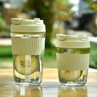 Tasse à café en verre réutilisable écologique avec couvercle 2-en-1 (paille intégrée) – Gobelet esthétique portable avec manchon en silicone pour bureau et extérieur