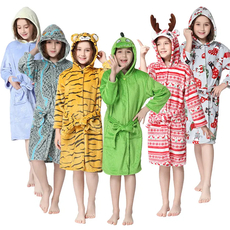 Winter kids Printed pajama children warm flannel child dress gown sleepwear Hooded Flannel boys girls soft Christmas bathrobes