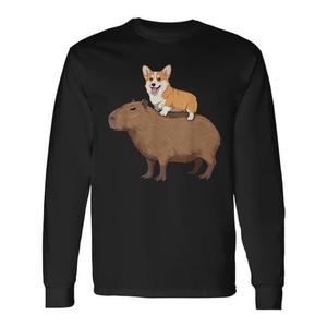 T-shirt à manches longues Corgi Riding Capybara, unisexe, col rond, imprimé numérique, motif animal amusant - Product Image 1