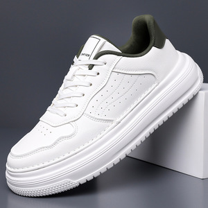 Chaussures de sport pour hommes en cuir microfibre blanc, bout rond, lacets, respirantes, style basket-ball, semelle extérieure en caoutchouc EVA - Product Image 1