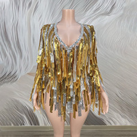 Nouvelle Collection 2026 : Costume de Danse Latine Chic pour Femme, Paillettes Brillantes et Franges, Combinaison Une Pièce Dorée à Manches Longues en Spandex/Polyester