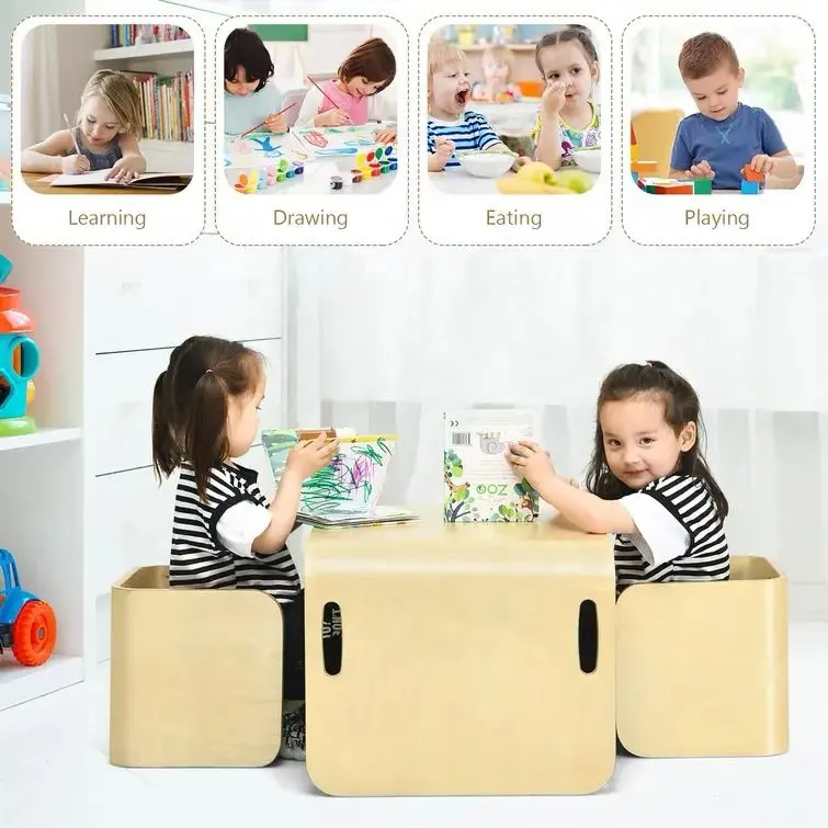 Premium a forma di U in legno non tossico 3 pezzi mobili per l'asilo set di tavoli e sedie per attività di gioco per bambini