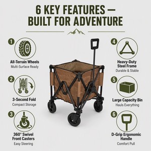 Chariot <span class=keywords><strong>de</strong></span> camping pliable tout-terrain avec roues à crampons diamantés pivotantes à 360°, chariot robuste pour l'extérieur - Product Image 3