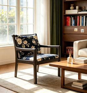 Fauteuil moderne en bois massif de style mid-century avec revêtement floral bleu marine pour salon, chaise de détente, mobilier de maison - Product Image 5