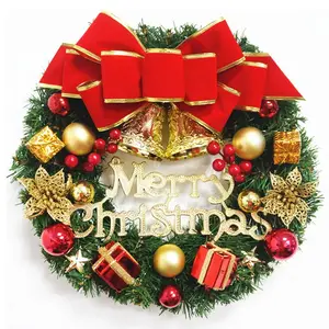 Factory Cheap Price 40cm Handmade Gold Flower Christmas Wreath With Merry Christmas Letter
