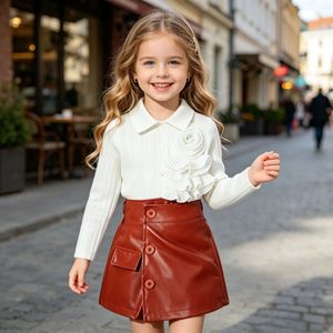 Toddler Girl's Clothes Set 2026 Autumn <strong>White</strong> Long Sleeve Shirt + Brown Pu <strong>Leather</strong> <strong>Skirt</strong> 2 Pcs Fashion Set - Product Image 1