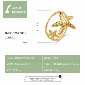 Bague ajustable en acier inoxydable en forme d'étoile de mer, plaquée or 14K sous vide, bijoux couleur or et argent - Product Image 3