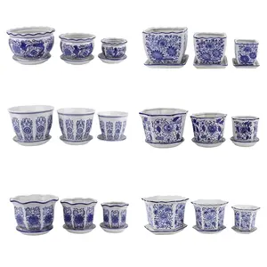 RZTO24-RZTO29 3 pieces Blue and White Porcelain Peony Flower Twisted Leaf Round Square shape Ceramic Garden succulent flower pot