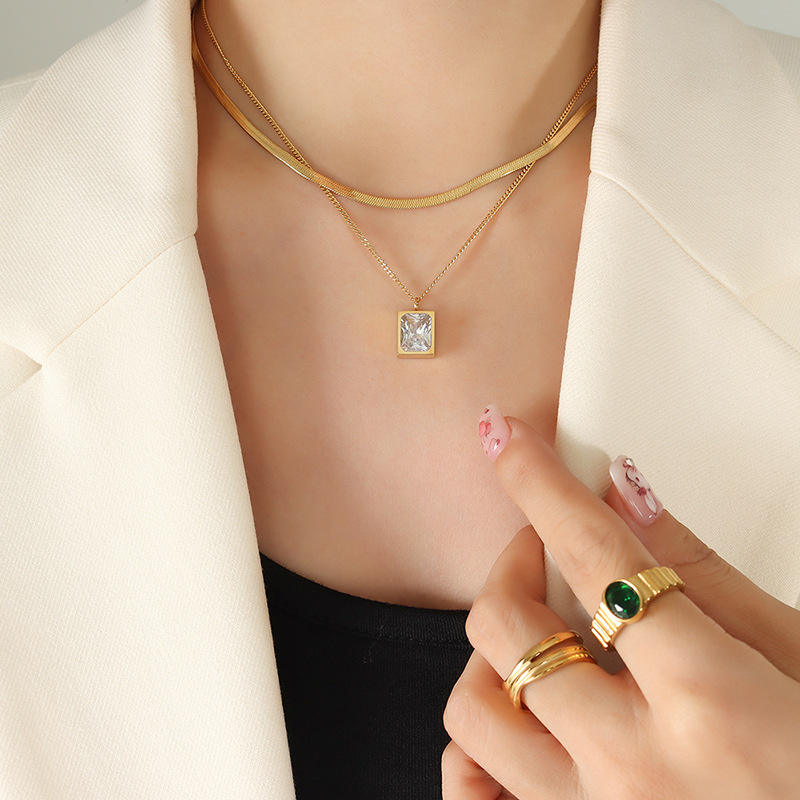 French Style Double Layer Stainless Steel 18K Gold Plated Jewelry Snake  Chain Square Cubic Zirconia Pendant Necklace