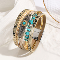 Bracelet enveloppant pour femme de style bohème vintage, de haute qualité, avec pierre naturelle et fermoir magnétique en cuir turquoise