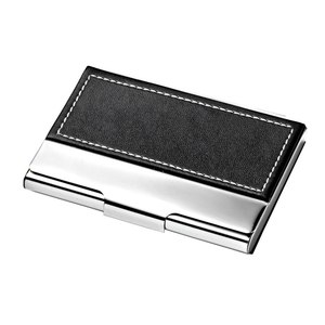 Porta Biglietti da Visita in Metallo e Pelle PU Nera Cucita per Uso Professionale - Product Image 1